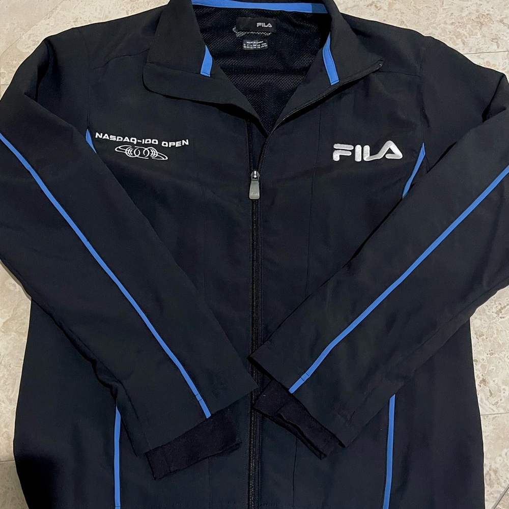 FILA NASDAQ-100 OPEN ZIP-UP SPORTS JACKET. Size XS, Black with blue piping.
